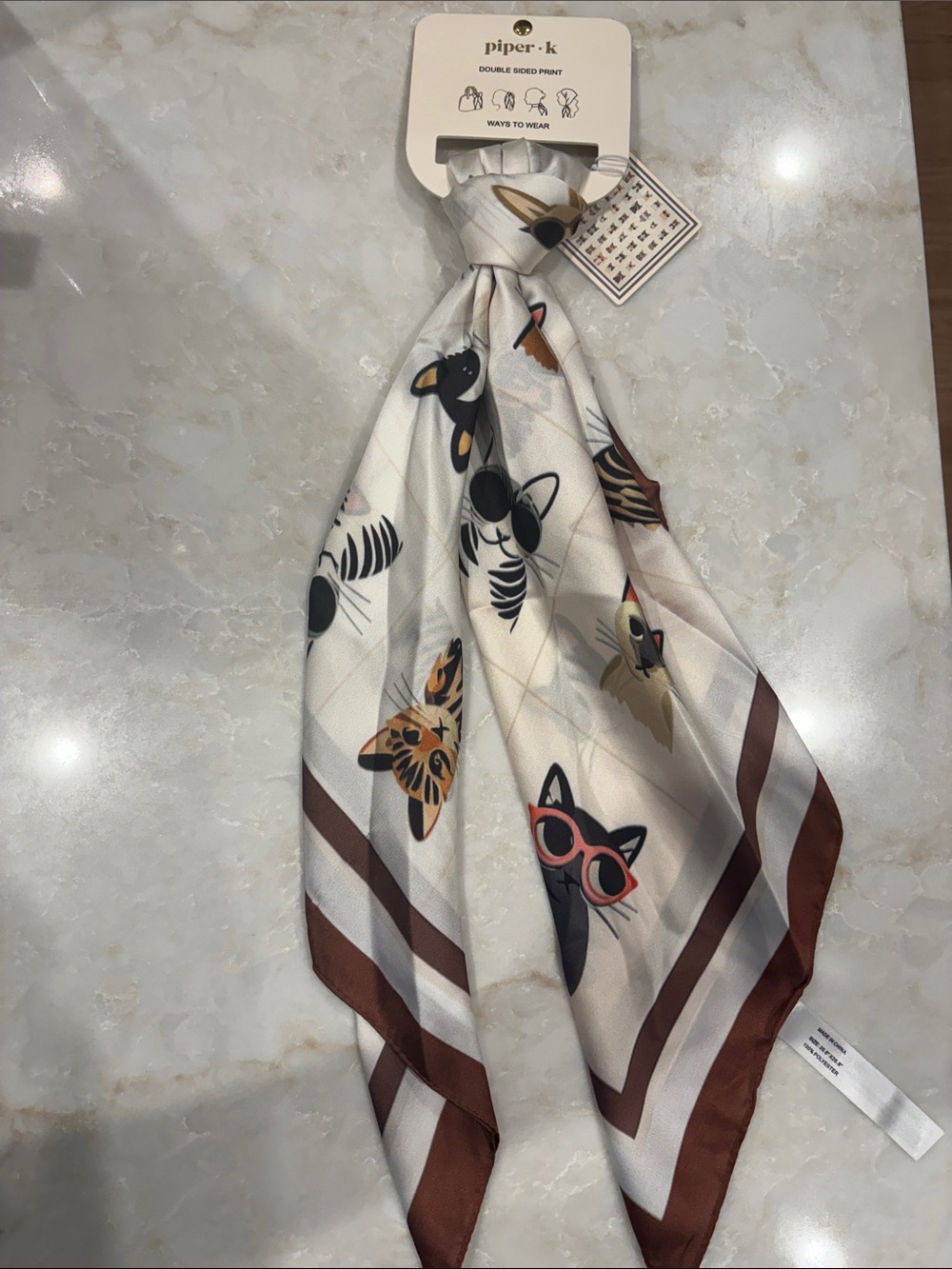 NWT Piper K Fashion Cats Print Cream Silk Scarf with Brown Border